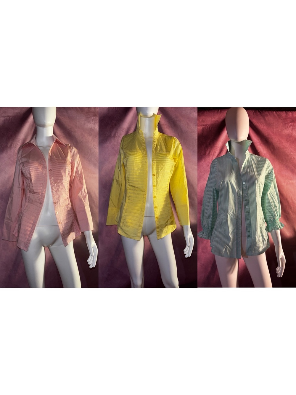 Zac & Rachel Button-Front Shirt Trio in Pink, Yellow & Mint Green